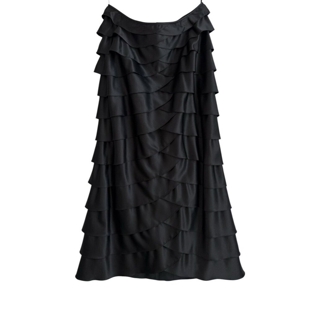 Adrianna Papell Evening Essentials Black Satin Tiered Ruffled Dress Women’s 14